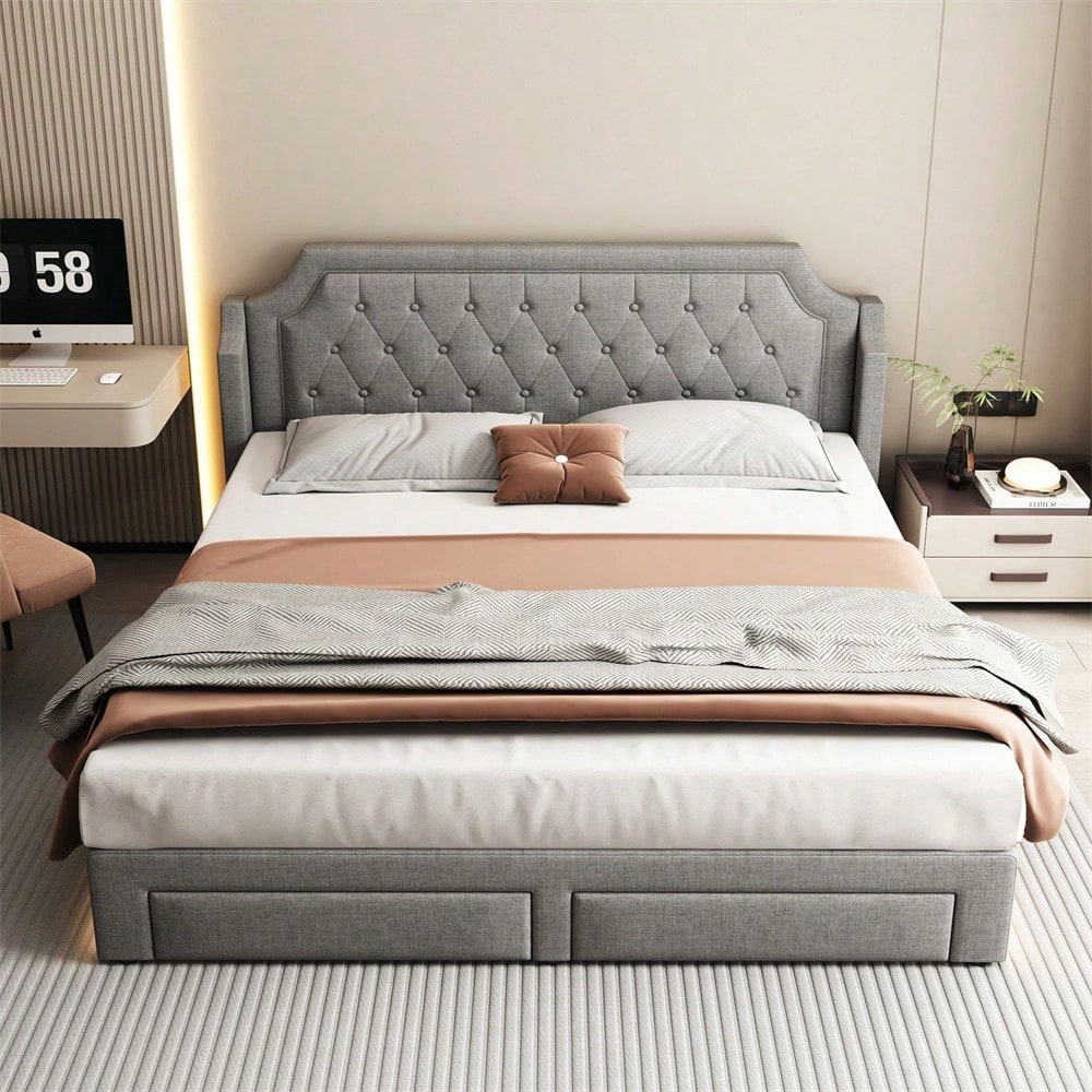 Polsterbett 180*200 mit Lattenrost und Kopfteil, mit 2 Schubladen, LED-Bett, Jugendbett, für Erwachsene & Jugendliche, Holzlattenunterstützung, Einfache Montage, Leinen, grau