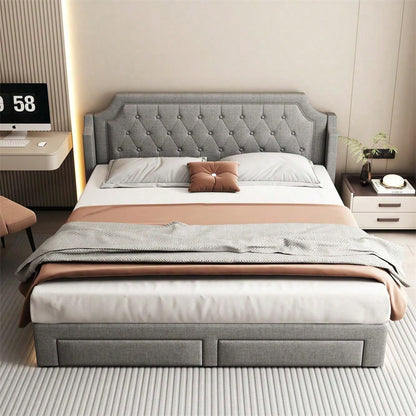 Polsterbett 180*200 mit Lattenrost und Kopfteil, mit 2 Schubladen, LED-Bett, Jugendbett, für Erwachsene & Jugendliche, Holzlattenunterstützung, Einfache Montage, Leinen, grau