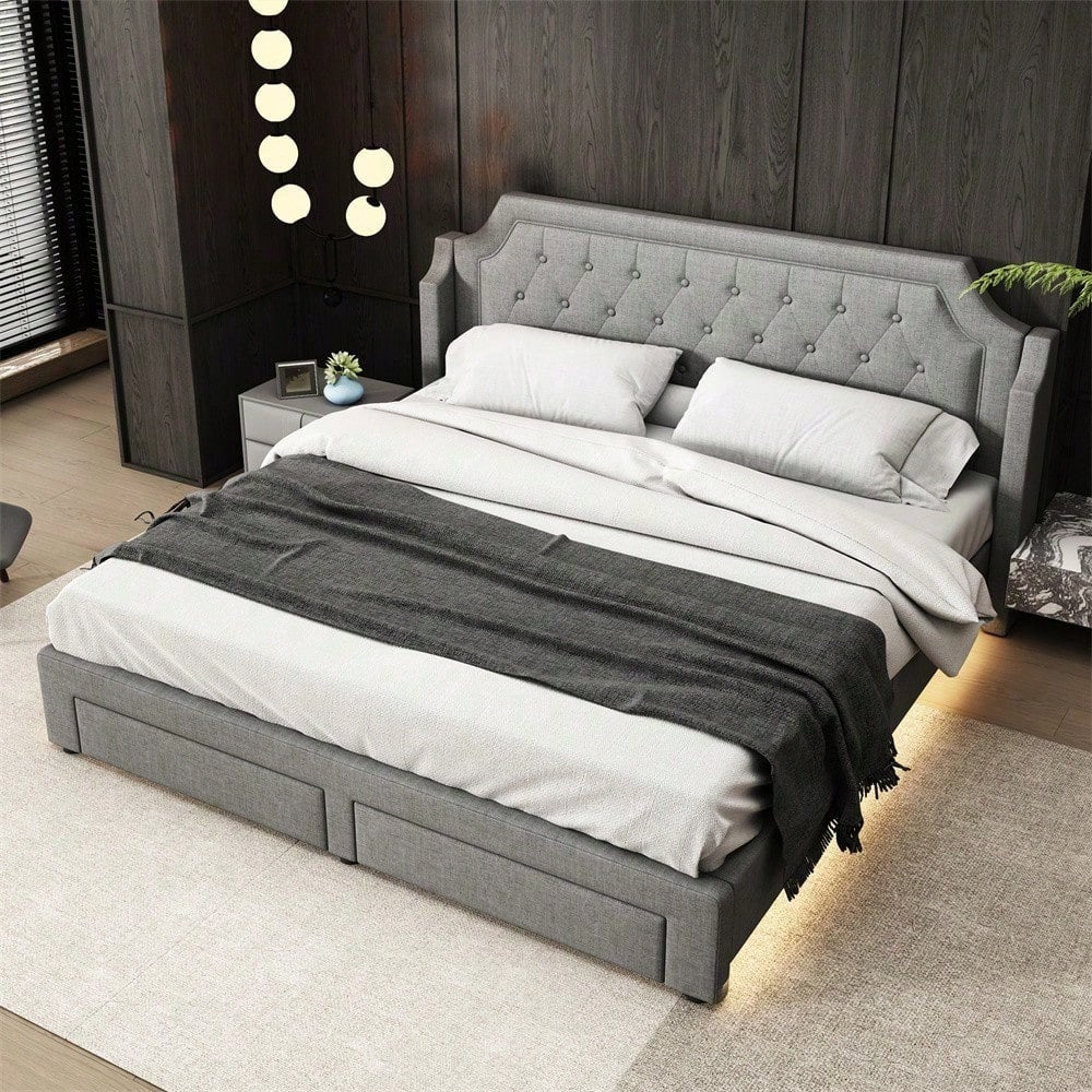 Polsterbett 180*200 mit Lattenrost und Kopfteil, mit 2 Schubladen, LED-Bett, Jugendbett, für Erwachsene & Jugendliche, Holzlattenunterstützung, Einfache Montage, Leinen, grau