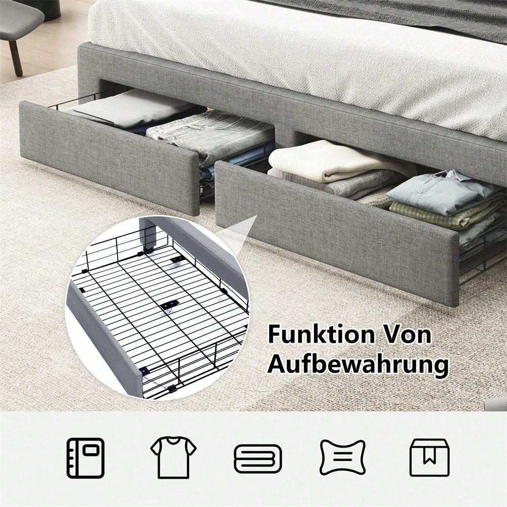 Polsterbett 180*200 mit Lattenrost und Kopfteil, mit 2 Schubladen, LED-Bett, Jugendbett, für Erwachsene & Jugendliche, Holzlattenunterstützung, Einfache Montage, Leinen, grau