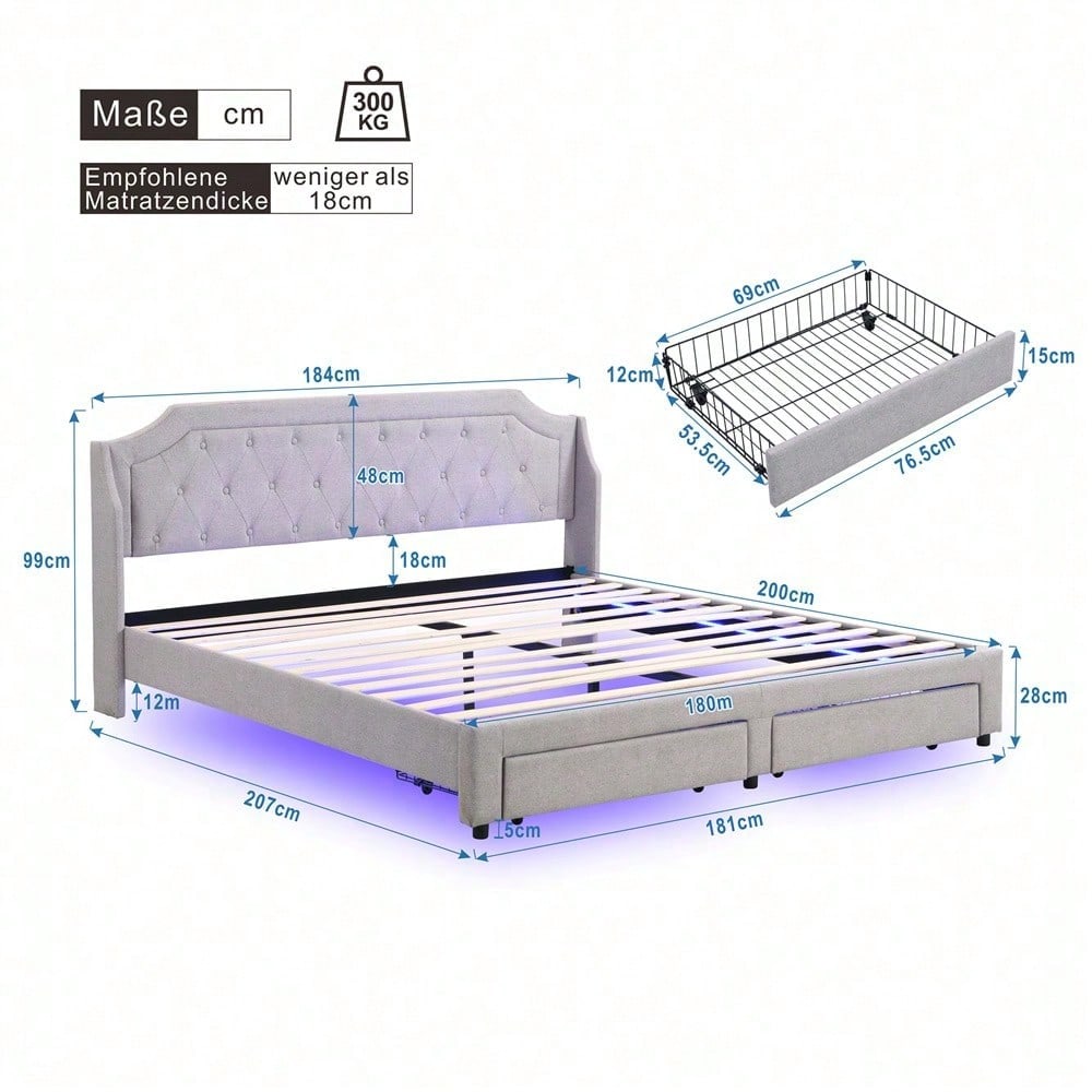 Polsterbett 180*200 mit Lattenrost und Kopfteil, mit 2 Schubladen, LED-Bett, Jugendbett, für Erwachsene & Jugendliche, Holzlattenunterstützung, Einfache Montage, Leinen, grau