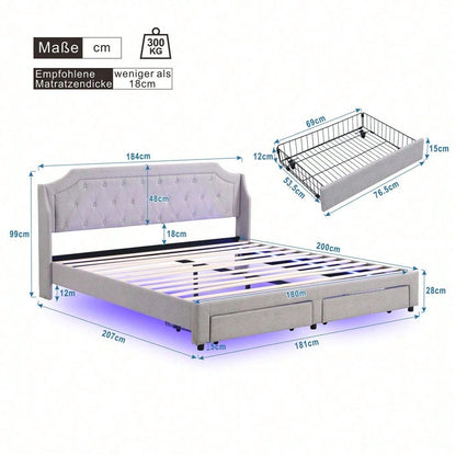 Polsterbett 180*200 mit Lattenrost und Kopfteil, mit 2 Schubladen, LED-Bett, Jugendbett, für Erwachsene & Jugendliche, Holzlattenunterstützung, Einfache Montage, Leinen, grau