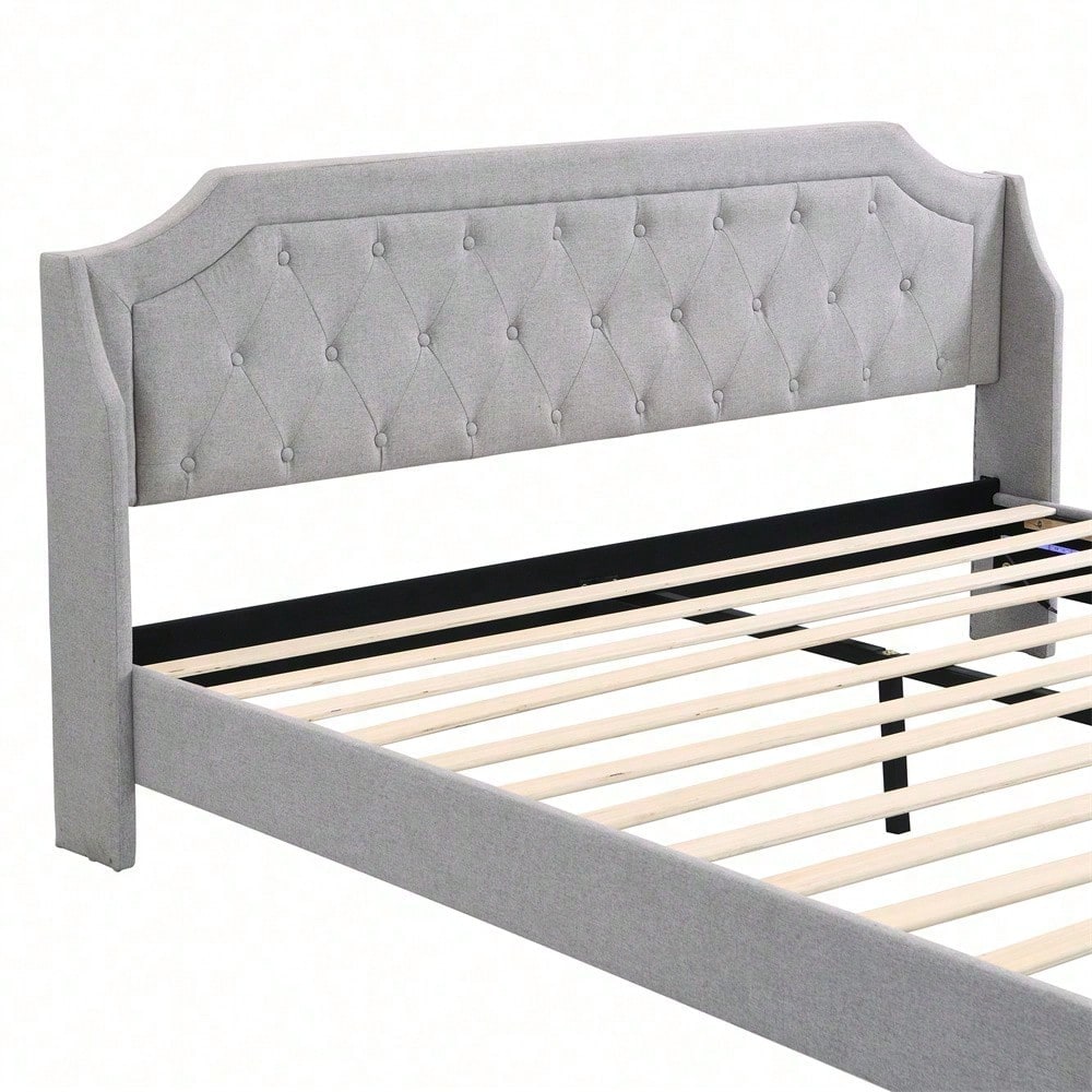 Polsterbett 180*200 mit Lattenrost und Kopfteil, mit 2 Schubladen, LED-Bett, Jugendbett, für Erwachsene & Jugendliche, Holzlattenunterstützung, Einfache Montage, Leinen, grau