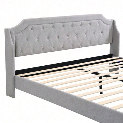 Polsterbett 180*200 mit Lattenrost und Kopfteil, mit 2 Schubladen, LED-Bett, Jugendbett, für Erwachsene & Jugendliche, Holzlattenunterstützung, Einfache Montage, Leinen, grau