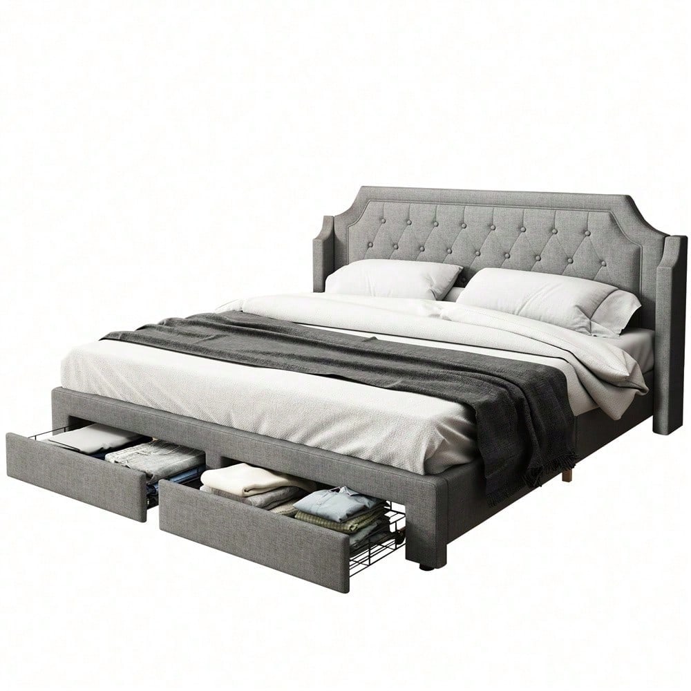 Polsterbett 180*200 mit Lattenrost und Kopfteil, mit 2 Schubladen, LED-Bett, Jugendbett, für Erwachsene & Jugendliche, Holzlattenunterstützung, Einfache Montage, Leinen, grau