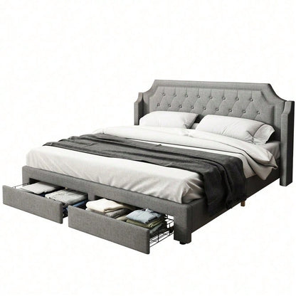 Polsterbett 180*200 mit Lattenrost und Kopfteil, mit 2 Schubladen, LED-Bett, Jugendbett, für Erwachsene & Jugendliche, Holzlattenunterstützung, Einfache Montage, Leinen, grau