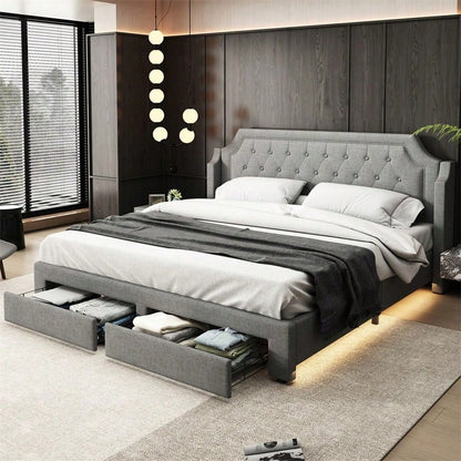 Polsterbett 180*200 mit Lattenrost und Kopfteil, mit 2 Schubladen, LED-Bett, Jugendbett, für Erwachsene & Jugendliche, Holzlattenunterstützung, Einfache Montage, Leinen, grau