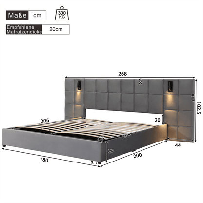 Polsterbett,Hydraulisch Stauraumbett mit richtungsabhängige Lampe und USB-Aufladung,Breites und Schaumstoffgefülltes Kopfteil,Schachbrettmuster, aus Stahlrahmen, Ohne Nachttisch,Samt,180*200cm,grau
