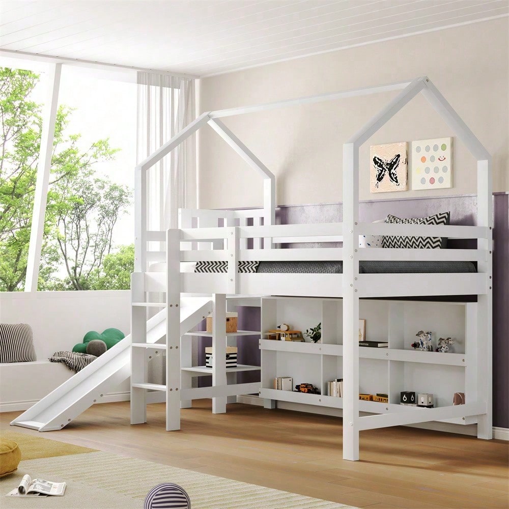 Kinderbett, Einzelbett, 90*200 cm, Multifunktionales Kinderbett ,Mit Rutsche & Treppen & Schließfach & Regal ,Ohne Matratze, Massivholz+MDF, Weiß