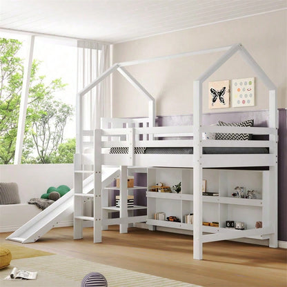 Kinderbett, Einzelbett, 90*200 cm, Multifunktionales Kinderbett ,Mit Rutsche & Treppen & Schließfach & Regal ,Ohne Matratze, Massivholz+MDF, Weiß