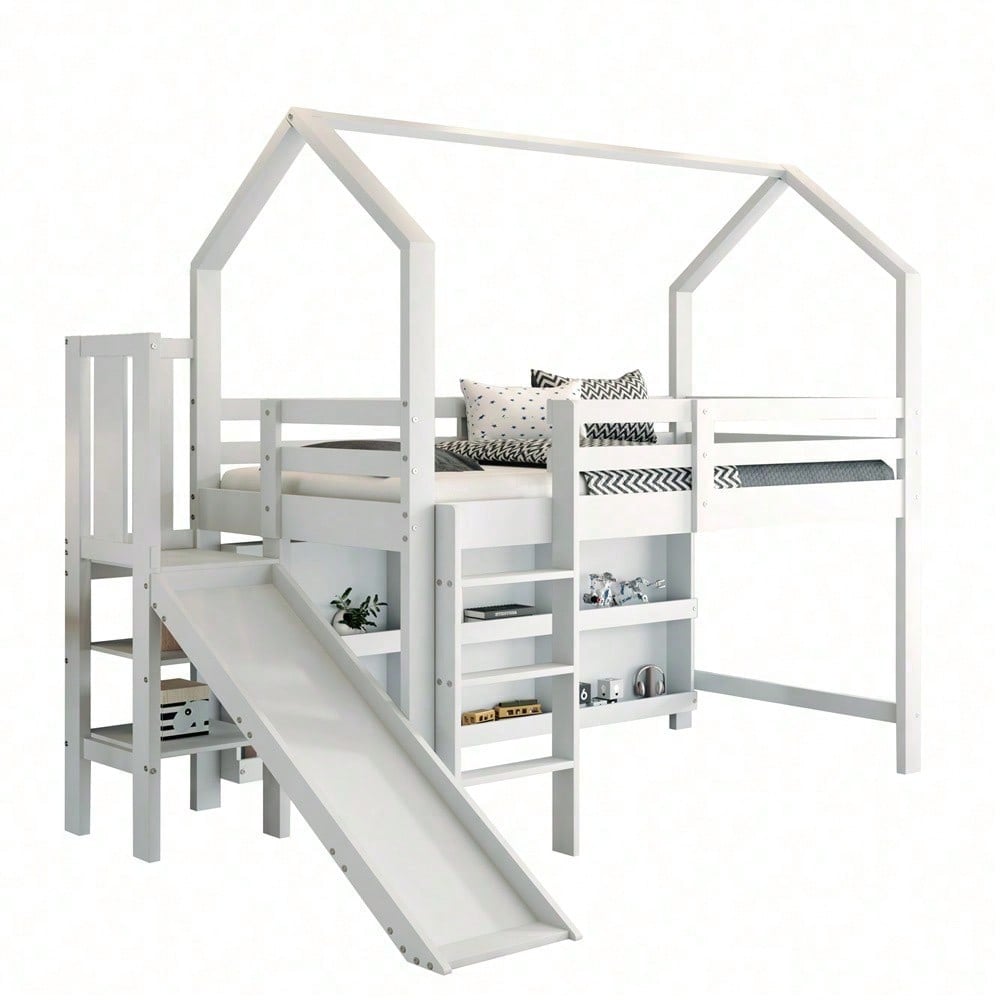 Kinderbett, Einzelbett, 90*200 cm, Multifunktionales Kinderbett ,Mit Rutsche & Treppen & Schließfach & Regal ,Ohne Matratze, Massivholz+MDF, Weiß