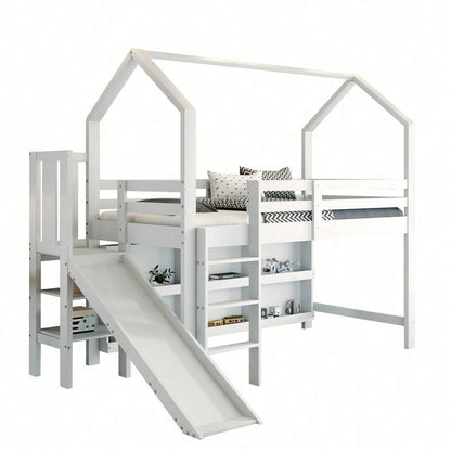 Kinderbett, Einzelbett, 90*200 cm, Multifunktionales Kinderbett ,Mit Rutsche & Treppen & Schließfach & Regal ,Ohne Matratze, Massivholz+MDF, Weiß