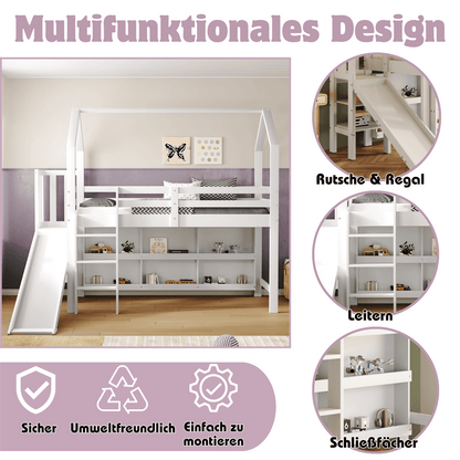 Kinderbett, Einzelbett, 90*200 cm, Multifunktionales Kinderbett ,Mit Rutsche & Treppen & Schließfach & Regal ,Ohne Matratze, Massivholz+MDF, Weiß