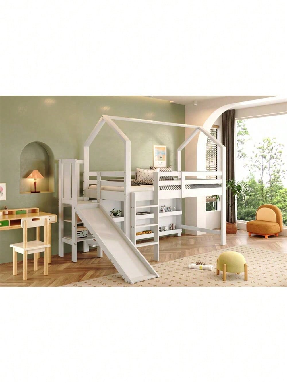 Kinderbett, Einzelbett, 90*200 cm, Multifunktionales Kinderbett ,Mit Rutsche & Treppen & Schließfach & Regal ,Ohne Matratze, Massivholz+MDF, Weiß