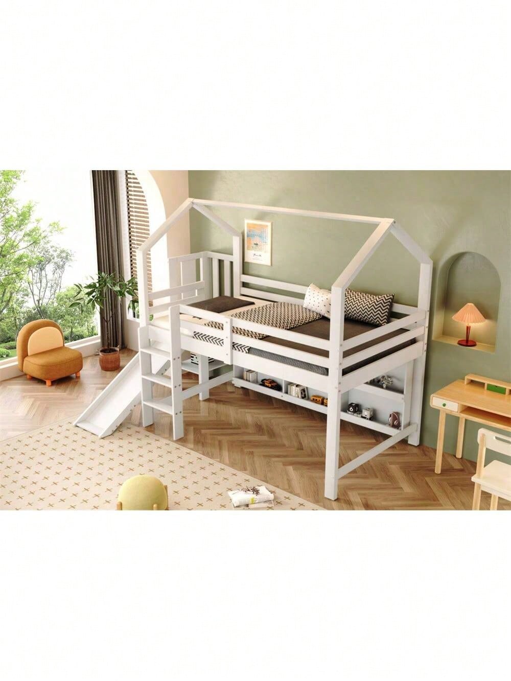 Kinderbett, Einzelbett, 90*200 cm, Multifunktionales Kinderbett ,Mit Rutsche & Treppen & Schließfach & Regal ,Ohne Matratze, Massivholz+MDF, Weiß
