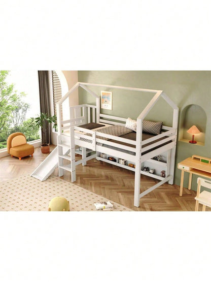 Kinderbett, Einzelbett, 90*200 cm, Multifunktionales Kinderbett ,Mit Rutsche & Treppen & Schließfach & Regal ,Ohne Matratze, Massivholz+MDF, Weiß