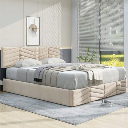 Polsterbett 140*200 mit Lattenrost und Kopfteil, Polsterbett mit höhenverstellbares Kopfteil, für Erwachsene & Jugendliche, Holzlattenunterstützung, Einfache Montage, Holländischer Samt, beige