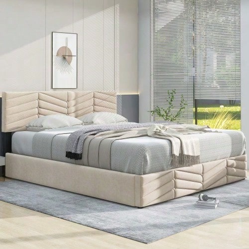 Polsterbett 140*200 mit Lattenrost und Kopfteil, Polsterbett mit höhenverstellbares Kopfteil, für Erwachsene & Jugendliche, Holzlattenunterstützung, Einfache Montage, Holländischer Samt, beige