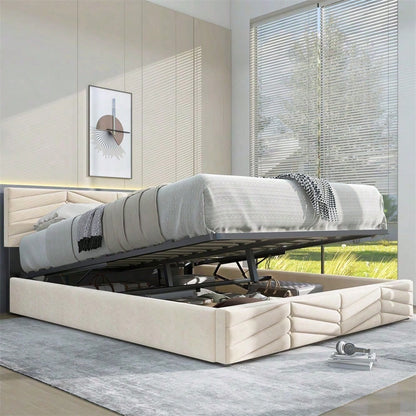 Polsterbett 140*200 mit Lattenrost und Kopfteil, Polsterbett mit höhenverstellbares Kopfteil, für Erwachsene & Jugendliche, Holzlattenunterstützung, Einfache Montage, Holländischer Samt, beige
