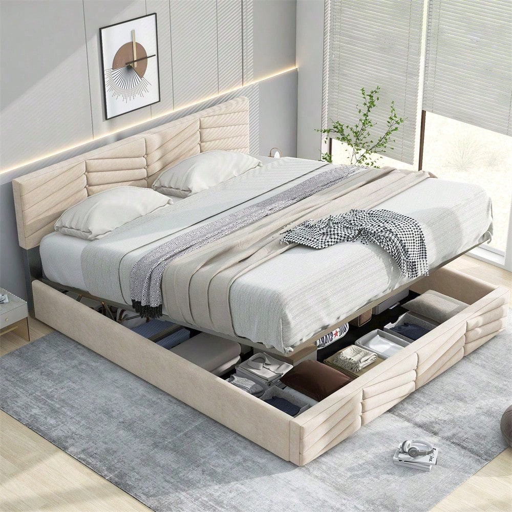 Polsterbett 140*200 mit Lattenrost und Kopfteil, Polsterbett mit höhenverstellbares Kopfteil, für Erwachsene & Jugendliche, Holzlattenunterstützung, Einfache Montage, Holländischer Samt, beige