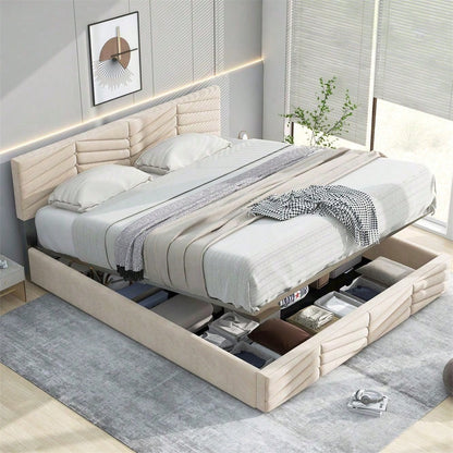 Polsterbett 140*200 mit Lattenrost und Kopfteil, Polsterbett mit höhenverstellbares Kopfteil, für Erwachsene & Jugendliche, Holzlattenunterstützung, Einfache Montage, Holländischer Samt, beige