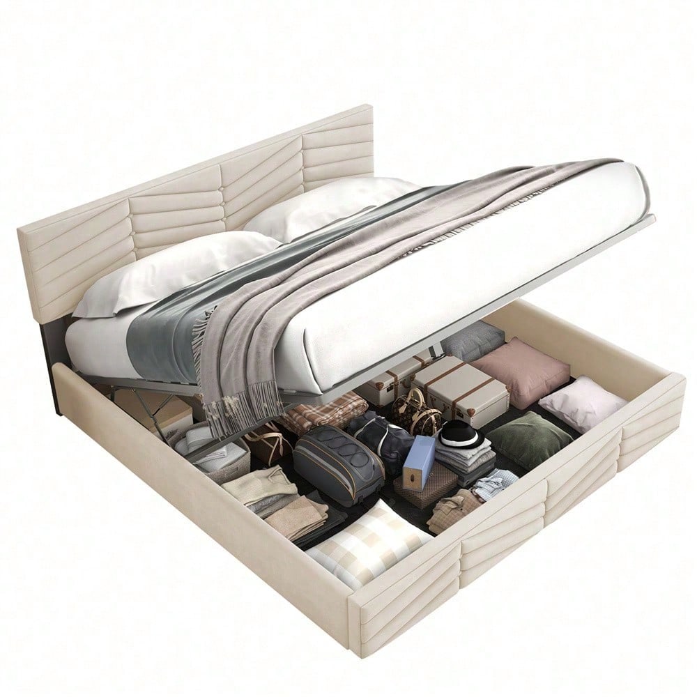 Polsterbett 140*200 mit Lattenrost und Kopfteil, Polsterbett mit höhenverstellbares Kopfteil, für Erwachsene & Jugendliche, Holzlattenunterstützung, Einfache Montage, Holländischer Samt, beige