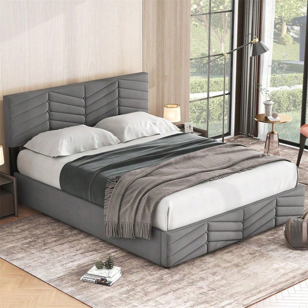 Polsterbett 140*200 mit Lattenrost und Kopfteil, Polsterbett mit höhenverstellbares Kopfteil, für Erwachsene & Jugendliche, Holzlattenunterstützung, Einfache Montage, Holländischer Samt, beige