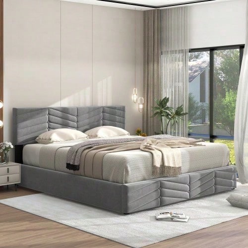 Polsterbett 140*200 mit Lattenrost und Kopfteil, Polsterbett mit höhenverstellbares Kopfteil, für Erwachsene & Jugendliche, Holzlattenunterstützung, Einfache Montage, Holländischer Samt, beige