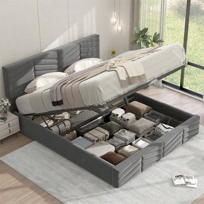Polsterbett 140*200 mit Lattenrost und Kopfteil, Polsterbett mit höhenverstellbares Kopfteil, für Erwachsene & Jugendliche, Holzlattenunterstützung, Einfache Montage, Holländischer Samt, beige