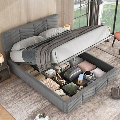 Polsterbett 140*200 mit Lattenrost und Kopfteil, Polsterbett mit höhenverstellbares Kopfteil, für Erwachsene & Jugendliche, Holzlattenunterstützung, Einfache Montage, Holländischer Samt, beige