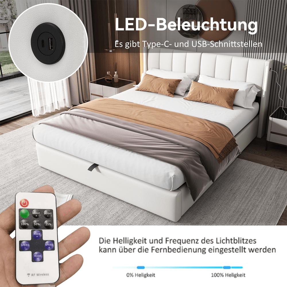 Binaurales LED-Polsterbett 180 x 200 cm, hydraulisches Bett, wiederaufladbarer USB-Anschluss im Bett, mit LED-Beleuchtung, mit Stauraum, verstellbares Kopfteil, PU-Kieselstein, weiß