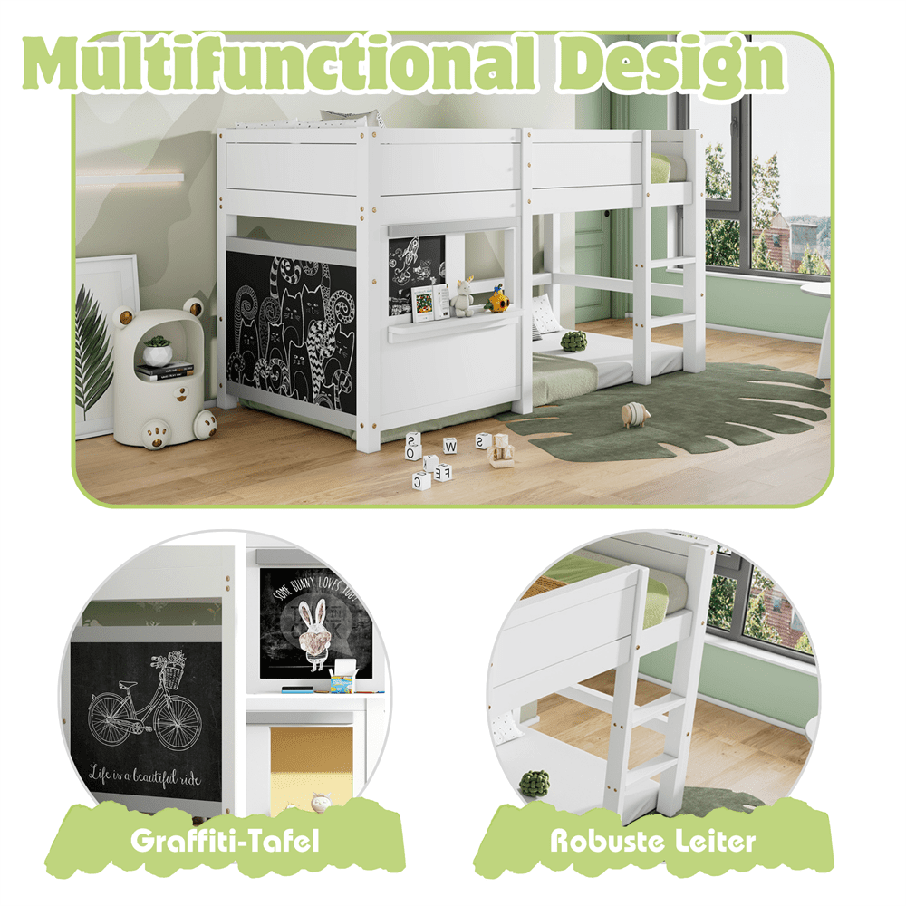 ausbett Kinderbett Spielbett Etagenbett mit zwei Brettern graffitifähig mit kleiner Ablage 90x200 weiß