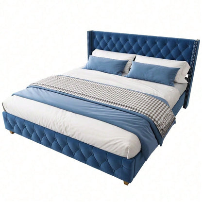 Polsterbett 160*200cm mit Lattenrost und Kopfteil, Knopfpolsterung, Nietenpolsterung, Holzbeine, Samt, Blau