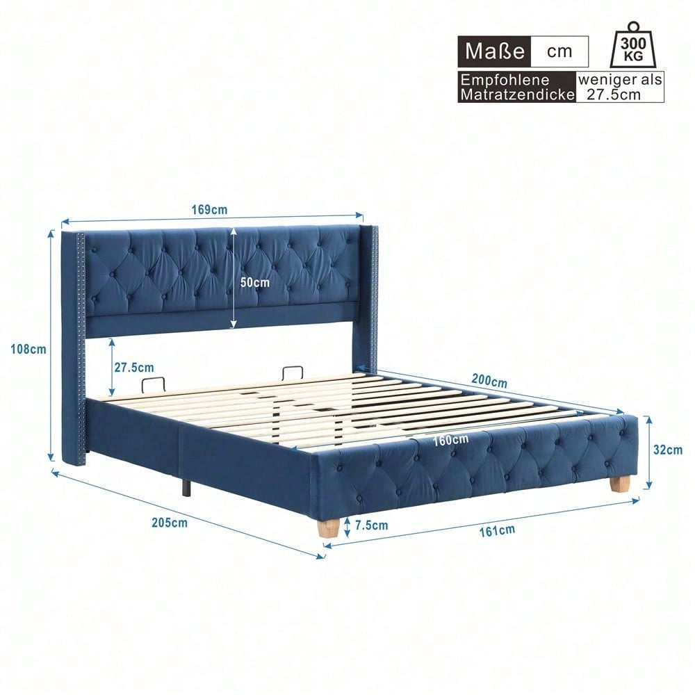Polsterbett 160*200cm mit Lattenrost und Kopfteil, Knopfpolsterung, Nietenpolsterung, Holzbeine, Samt, Blau