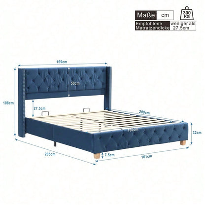 Polsterbett 160*200cm mit Lattenrost und Kopfteil, Knopfpolsterung, Nietenpolsterung, Holzbeine, Samt, Blau