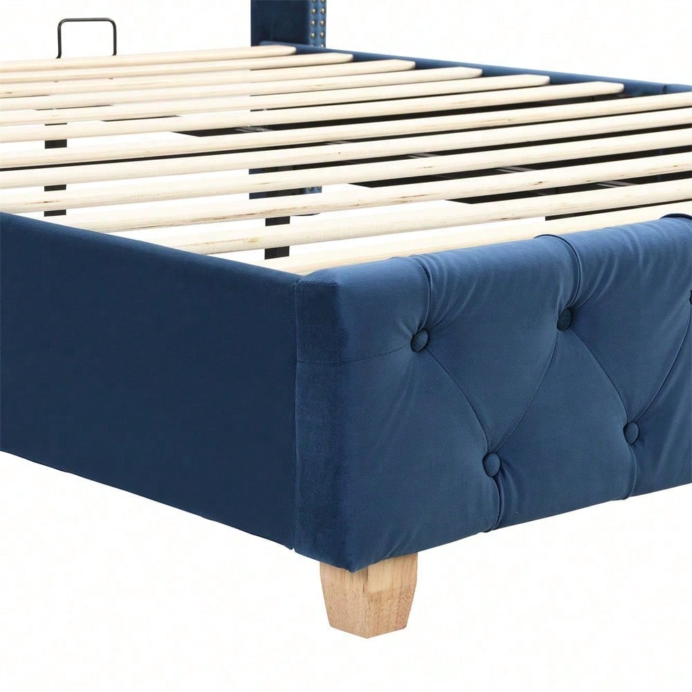 Polsterbett 160*200cm mit Lattenrost und Kopfteil, Knopfpolsterung, Nietenpolsterung, Holzbeine, Samt, Blau
