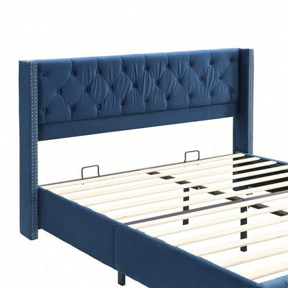 Polsterbett 160*200cm mit Lattenrost und Kopfteil, Knopfpolsterung, Nietenpolsterung, Holzbeine, Samt, Blau