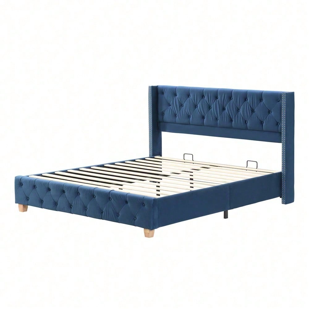 Polsterbett 160*200cm mit Lattenrost und Kopfteil, Knopfpolsterung, Nietenpolsterung, Holzbeine, Samt, Blau