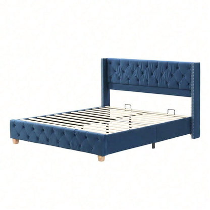 Polsterbett 160*200cm mit Lattenrost und Kopfteil, Knopfpolsterung, Nietenpolsterung, Holzbeine, Samt, Blau
