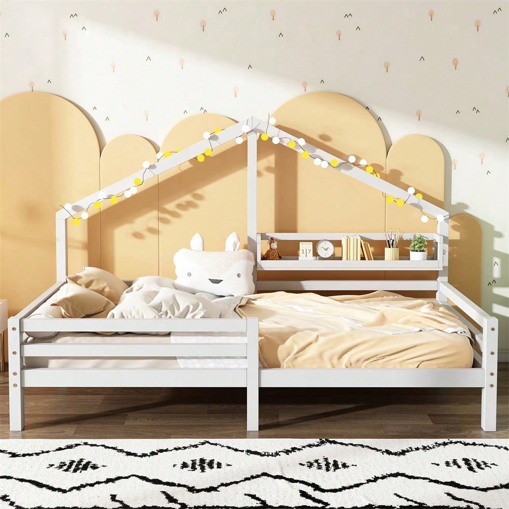 Hausbett Kinderbett mit Ablageregal Kaminform 90x200 Weiß