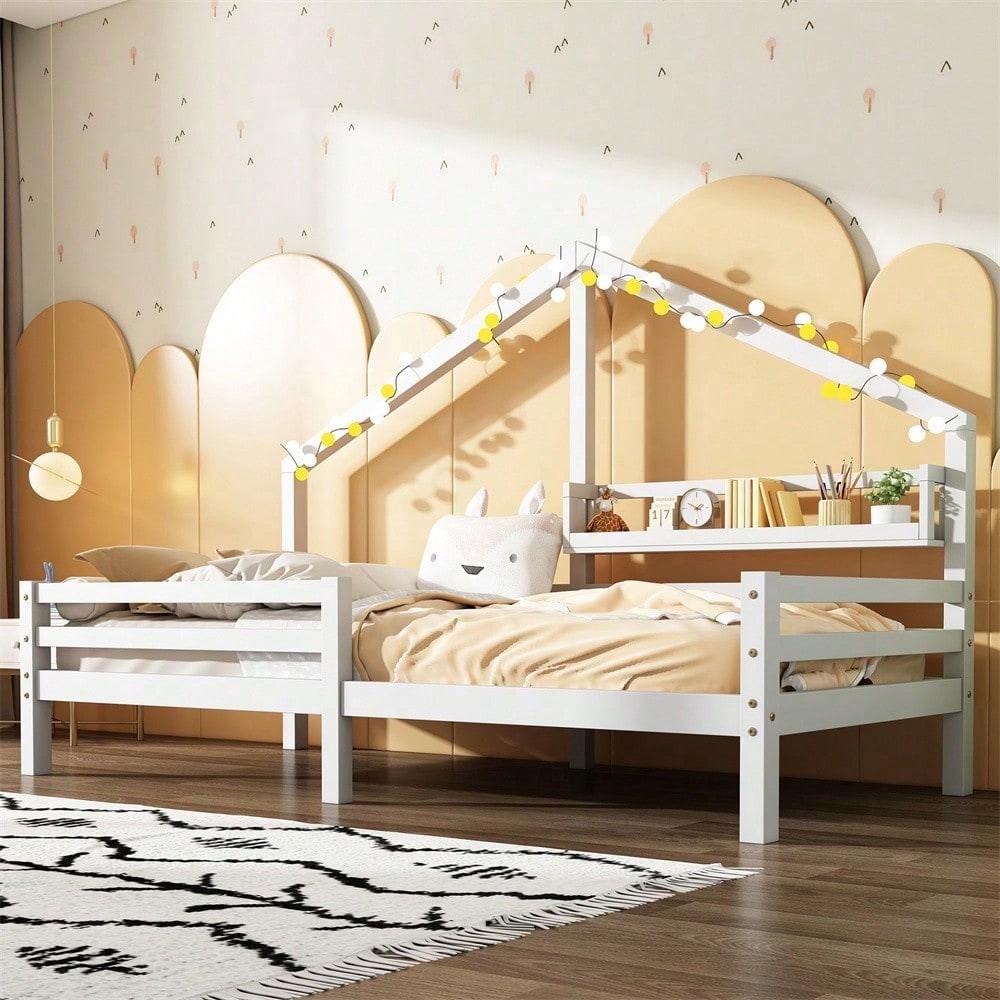 Hausbett Kinderbett mit Ablageregal Kaminform 90x200 Weiß