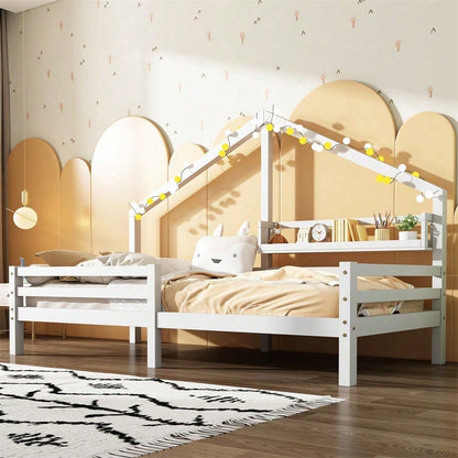 Hausbett Kinderbett mit Ablageregal Kaminform 90x200 Weiß