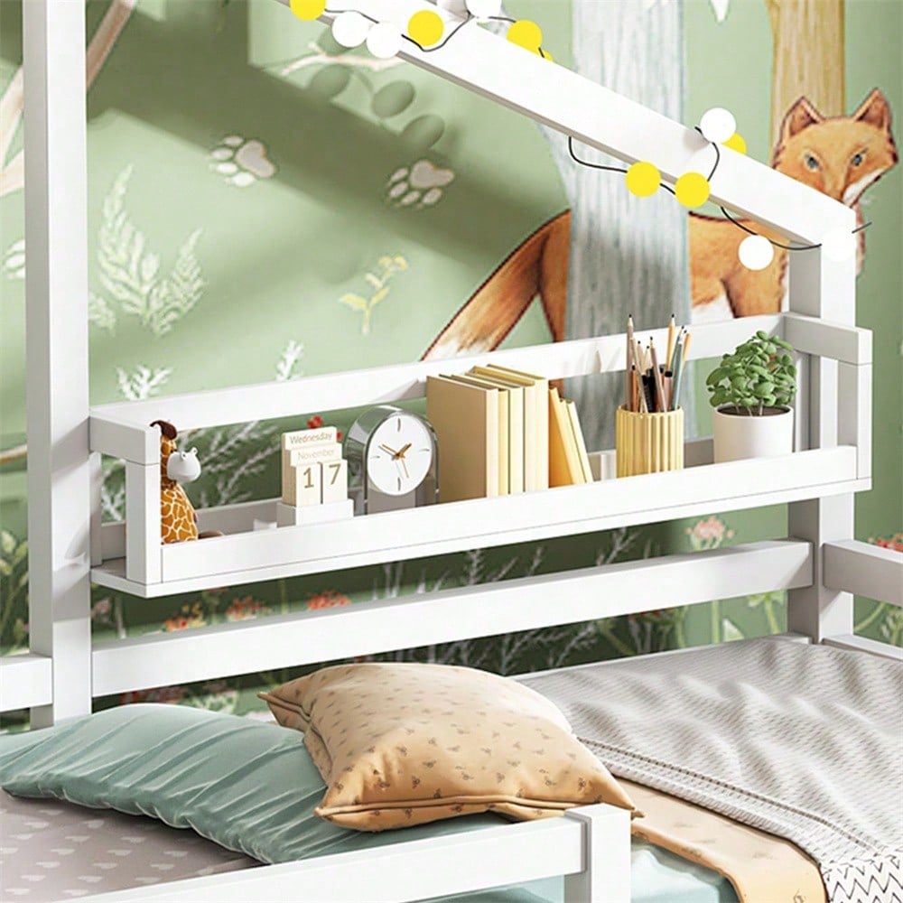 Hausbett Kinderbett mit Ablageregal Kaminform 90x200 Weiß