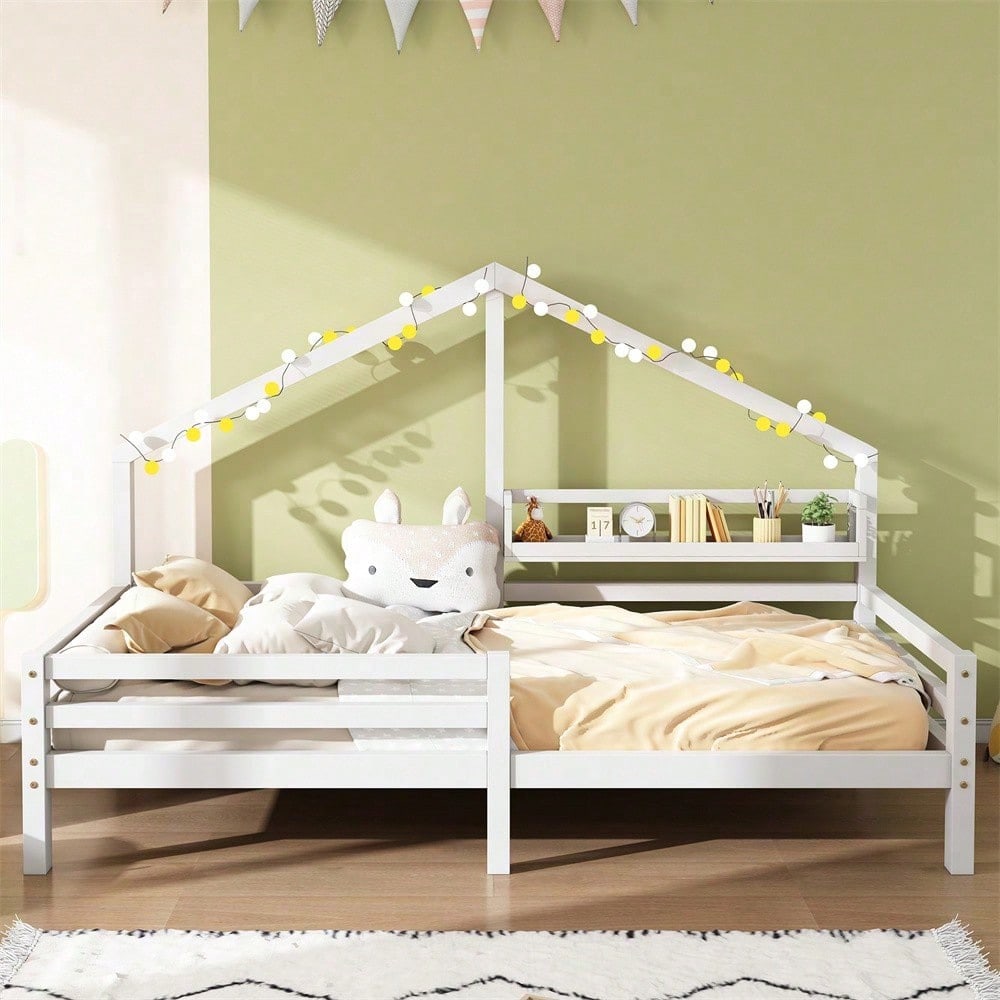 Hausbett Kinderbett mit Ablageregal Kaminform 90x200 Weiß