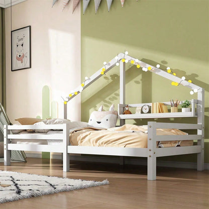 Hausbett Kinderbett mit Ablageregal Kaminform 90x200 Weiß