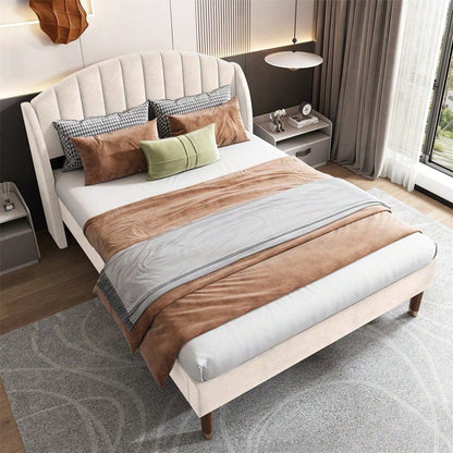 Polsterbett 140*200 mit Lattenrost und Kopfteil, Jugendbett, für Erwachsene & Jugendliche, ohne Matratze, Holzlattenunterstützung, Einfache Montage, Samt, Beige