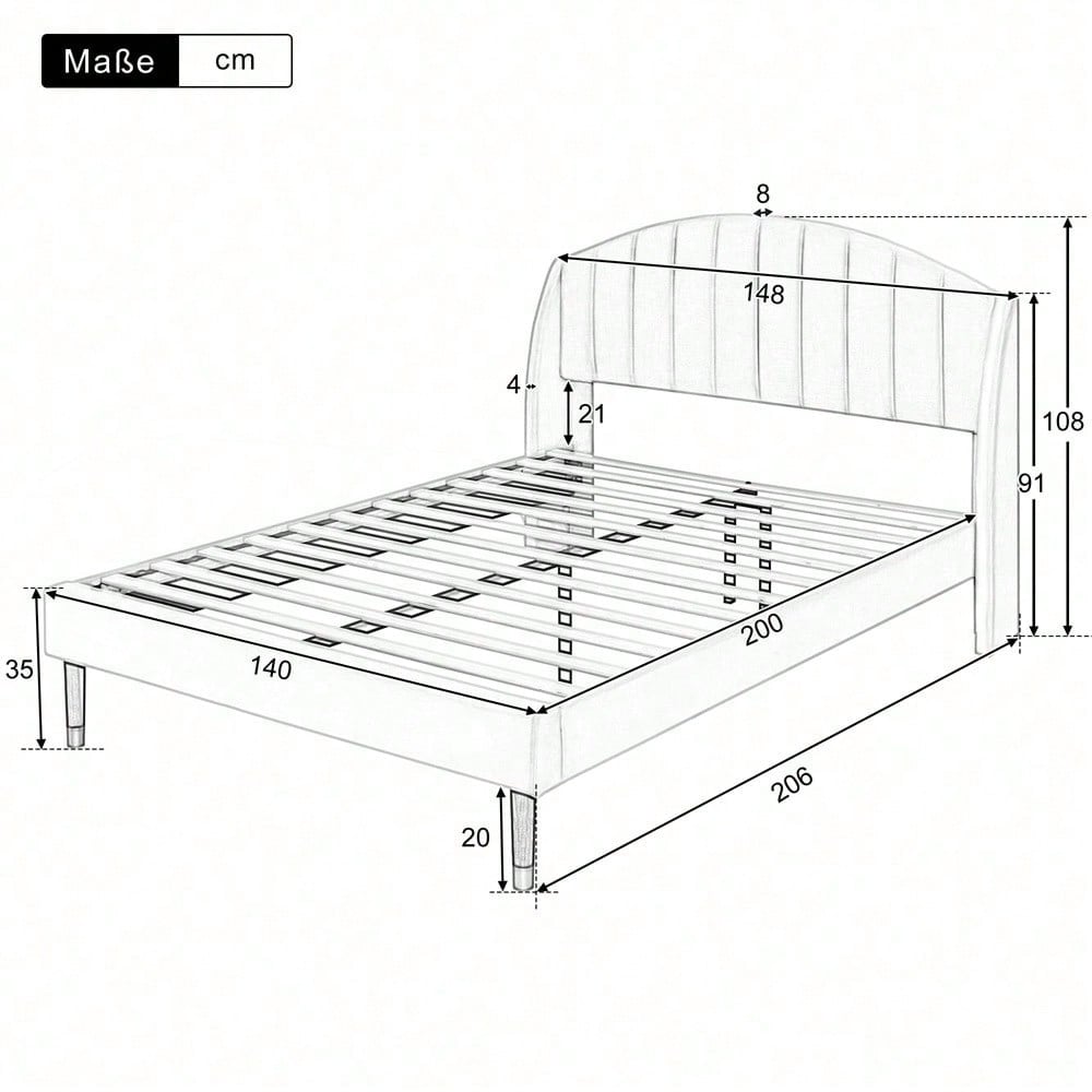 Polsterbett 140*200 mit Lattenrost und Kopfteil, Jugendbett, für Erwachsene & Jugendliche, ohne Matratze, Holzlattenunterstützung, Einfache Montage, Samt, Beige
