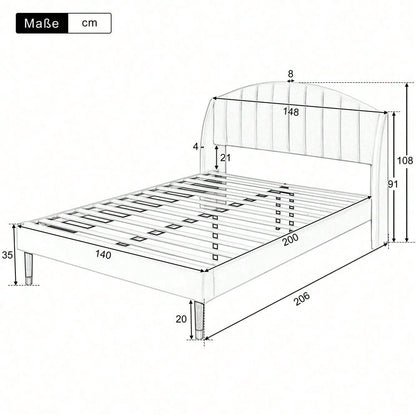 Polsterbett 140*200 mit Lattenrost und Kopfteil, Jugendbett, für Erwachsene & Jugendliche, ohne Matratze, Holzlattenunterstützung, Einfache Montage, Samt, Beige