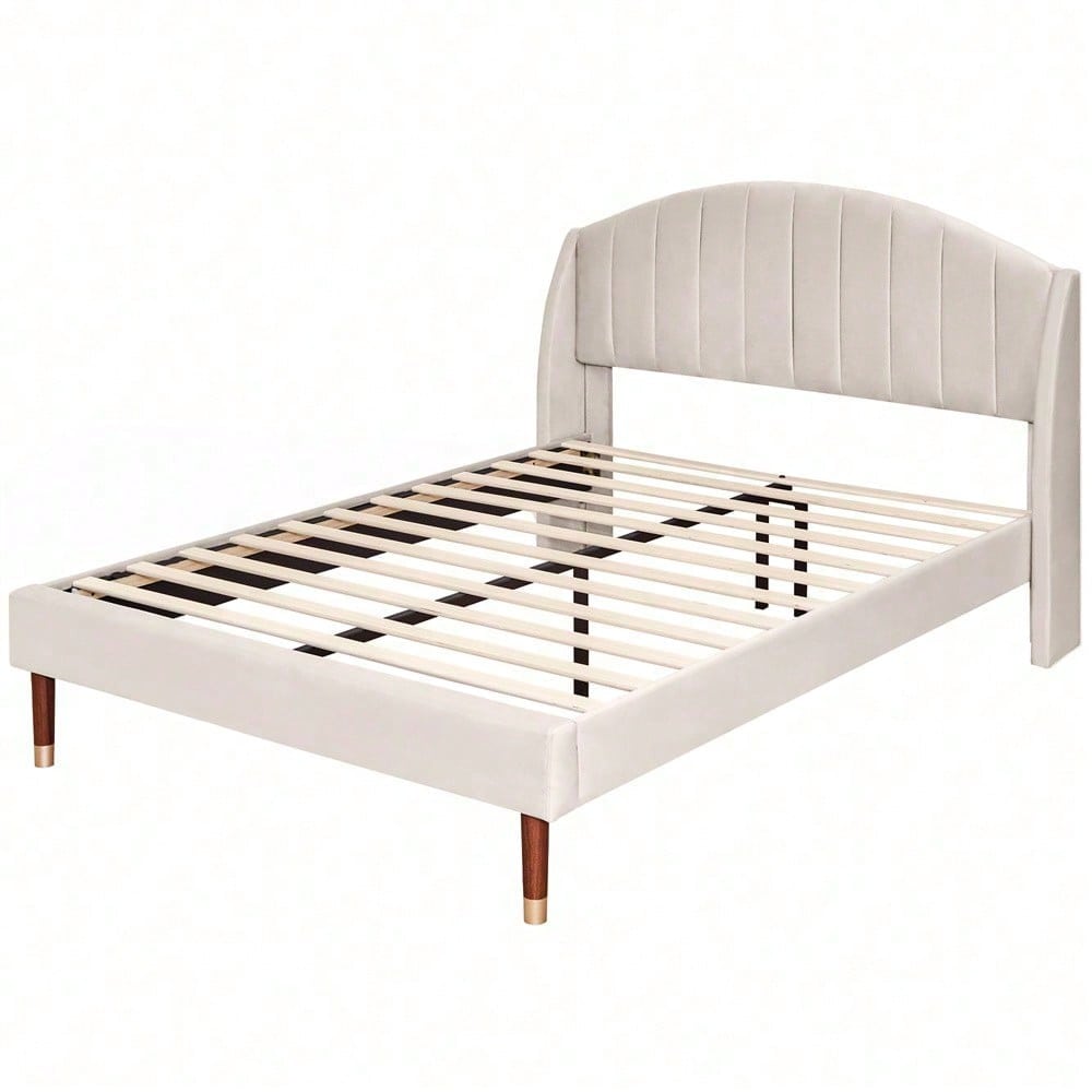 Polsterbett 140*200 mit Lattenrost und Kopfteil, Jugendbett, für Erwachsene & Jugendliche, ohne Matratze, Holzlattenunterstützung, Einfache Montage, Samt, Beige