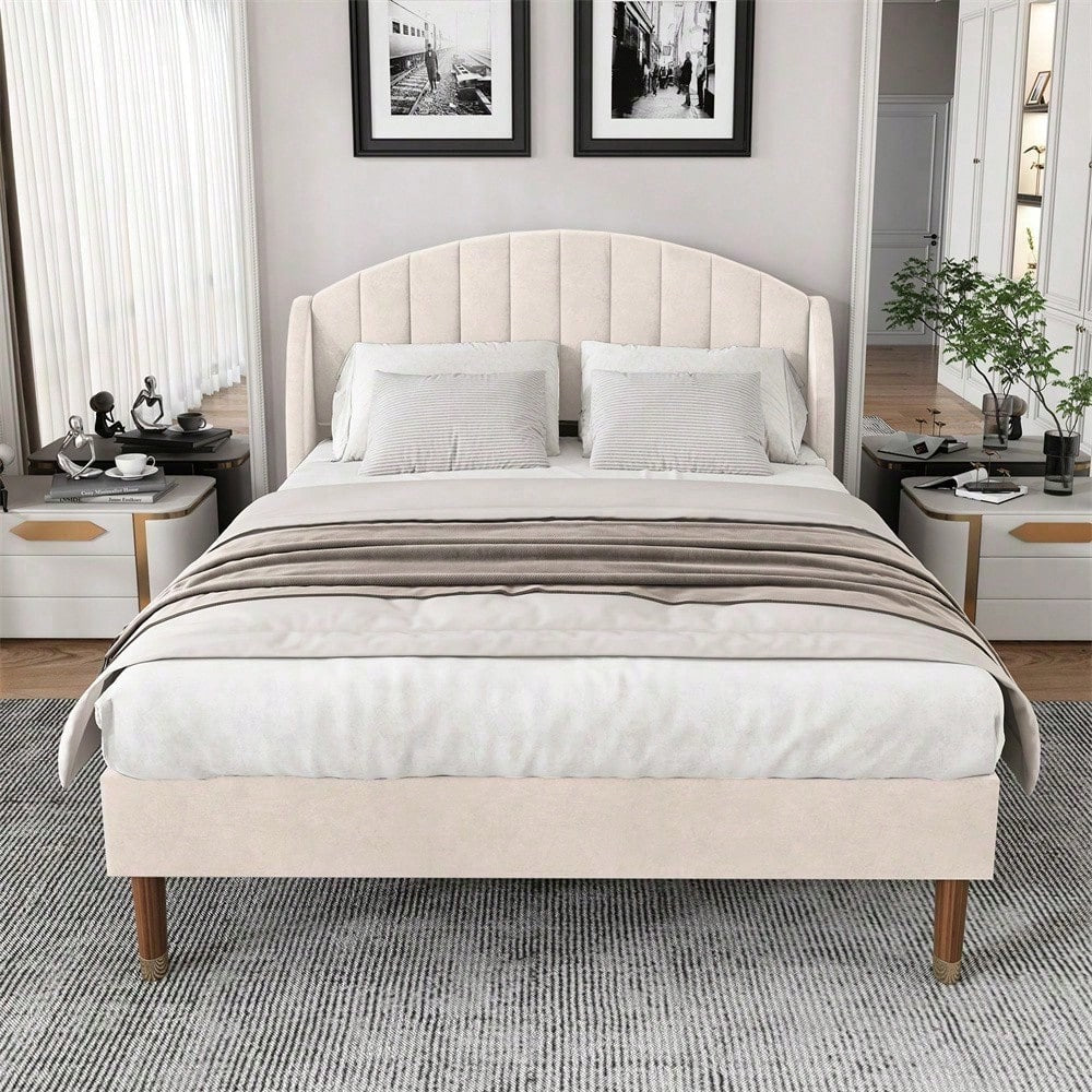 Polsterbett 140*200 mit Lattenrost und Kopfteil, Jugendbett, für Erwachsene & Jugendliche, ohne Matratze, Holzlattenunterstützung, Einfache Montage, Samt, Beige